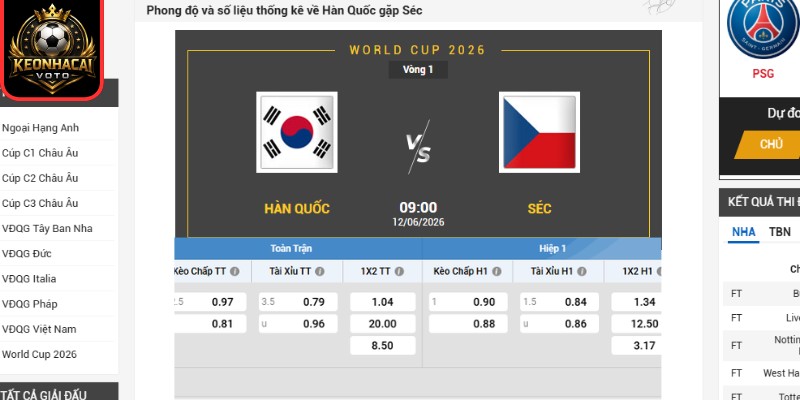 Kèo châu Á trận Hàn Quốc vs CH Séc 09:00 ngày 12/06 (Bảng A - World Cup)