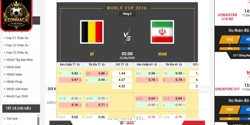 Kèo châu Âu trận Bỉ vs Iran 02:00 ngày 22/06 (Bảng G - World Cup)