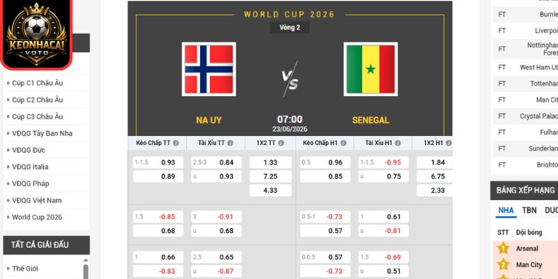 Kèo châu Âu trận Na Uy vs Senegal 07:00 ngày 23/06 (Bảng I - World Cup)