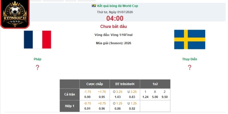 Kèo châu Á trận Pháp vs Thụy Điển 04:00 ngày 01/07 (Vòng 32 - World Cup)