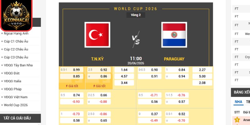 Kèo châu Á trận Thổ Nhĩ Kỳ vs Paraguay 10:00 ngày 20/06 (Bảng D - World Cup)
