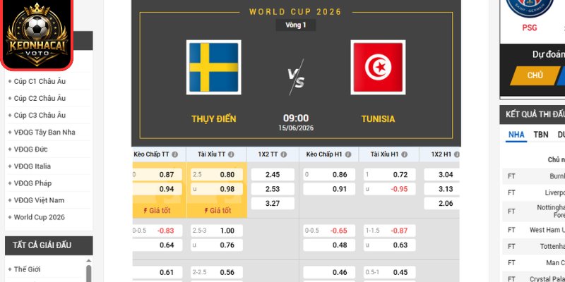 Kèo châu Âu trận Thụy Điển vs Tunisia 09:00 ngày 15/06 (Bảng F - World Cup 2026)